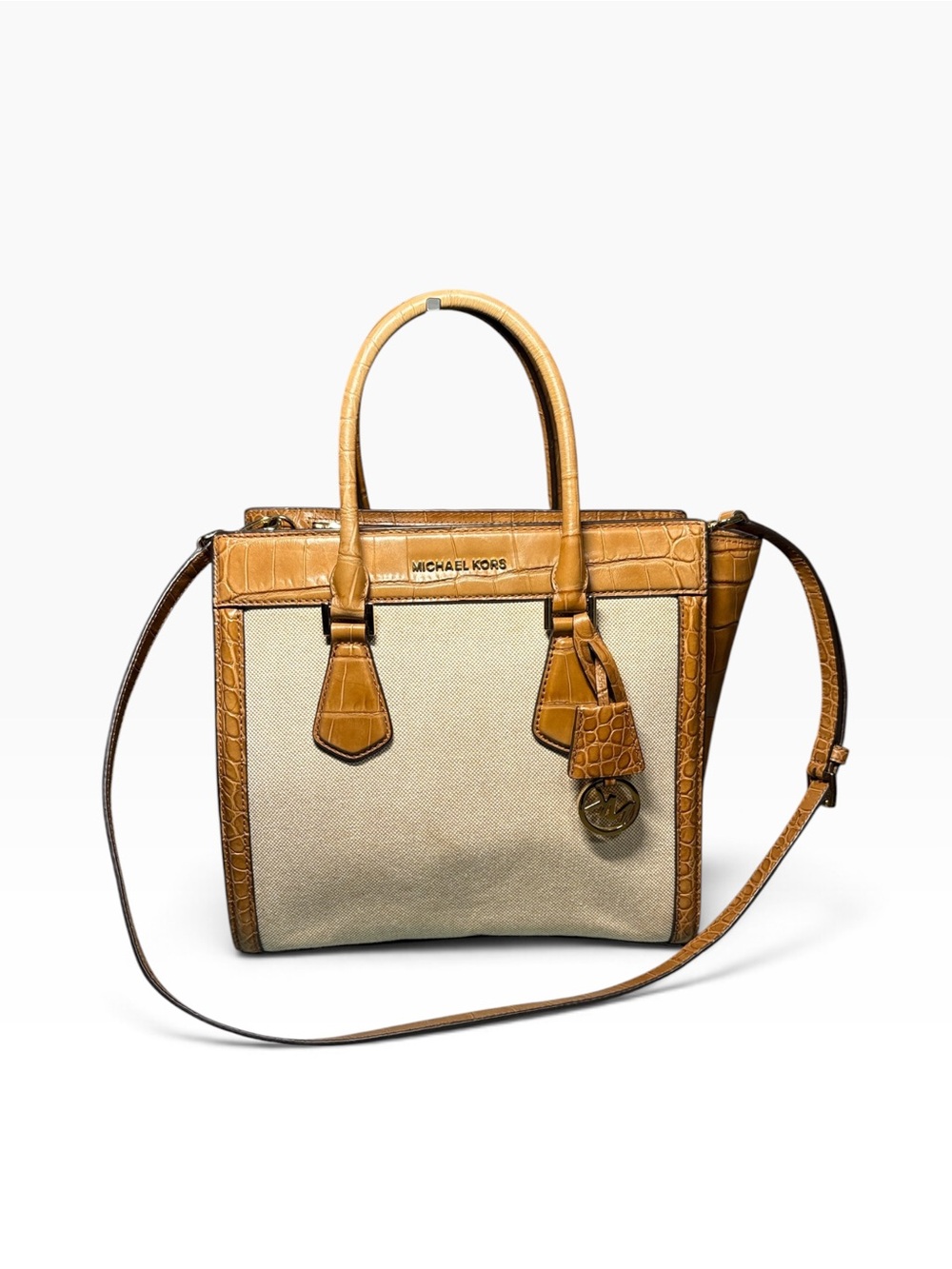 Michael Kors Hope Medium Satchel Canvas & Croc Embossed Leather Brown Bag
